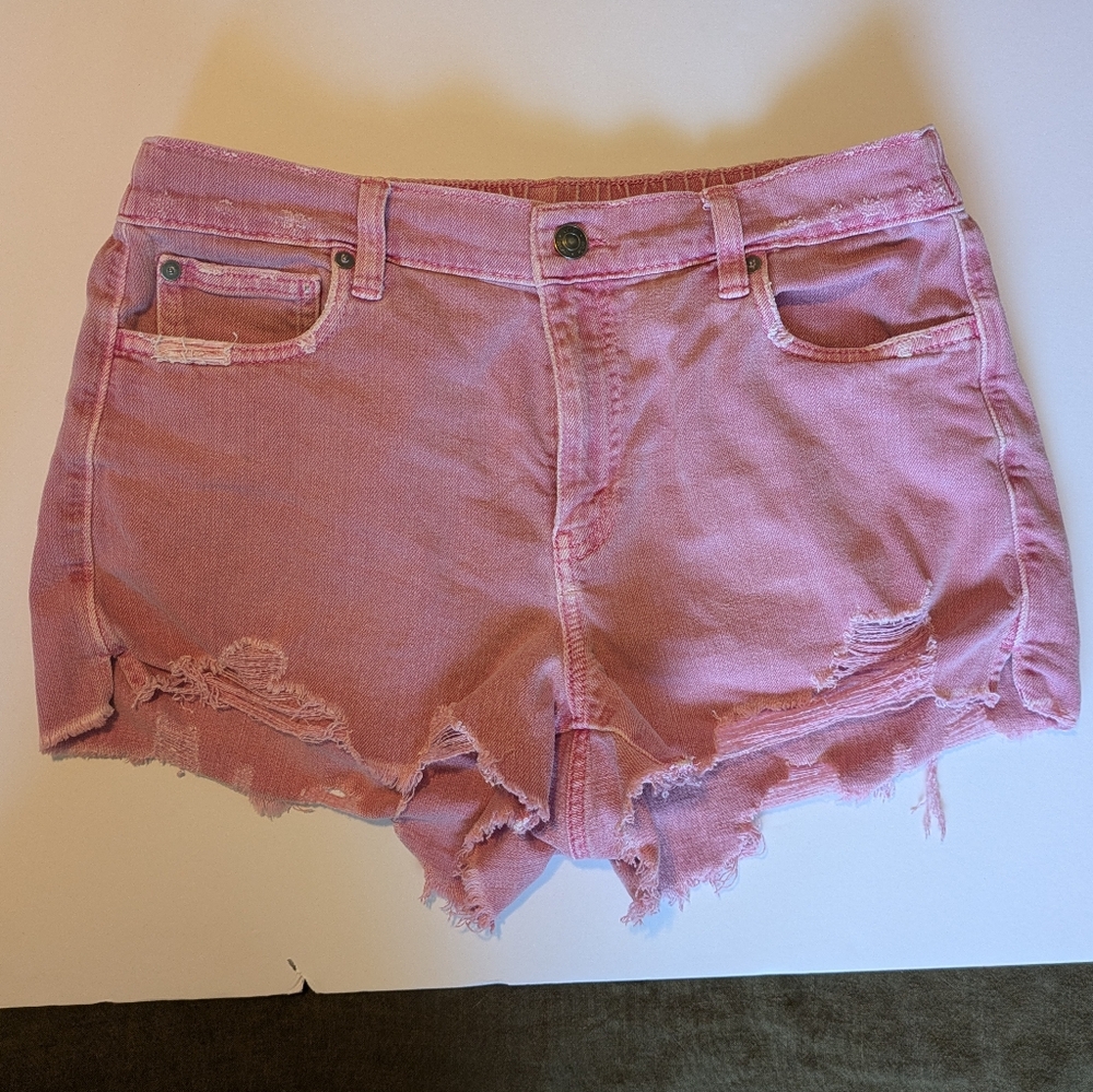 Aerie Pink Jean Shorts Distressed Raw-Edge